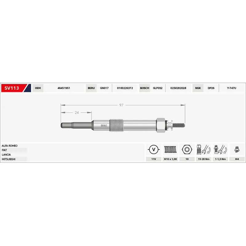 KIZDIRMA BUJİSİ (ISITMA) BRAVA 1.9 JTD / MAREA 1.9 JTD- 2.4 JTD / L-300 2.5 D-2.5 TD / ALFA 145 1.9 JTD / ALFA 156 2.4 JTD / ALFA 166 2.4 JTD 11V