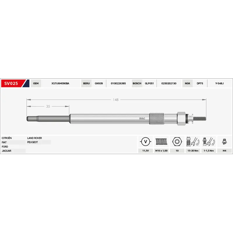 KIZDIRMA BUJİSİ (ISITMA) TRANSIT 2.2 - 2.4 TDCI V184 / MONDEO 1.8 - 2.0 TDCI / CITROEN JUMPER 2.2 HDI 11.5V.