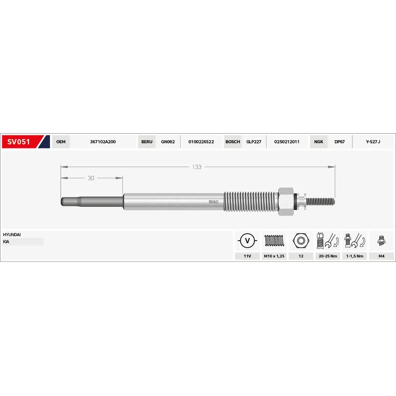 KIZDIRMA BUJİSİ (ISITMA) ACCENT 06-11 ERA / GETZ 06-11 / I-10 / I-20 / I-30 / CERATO 06= RIO / 11V.