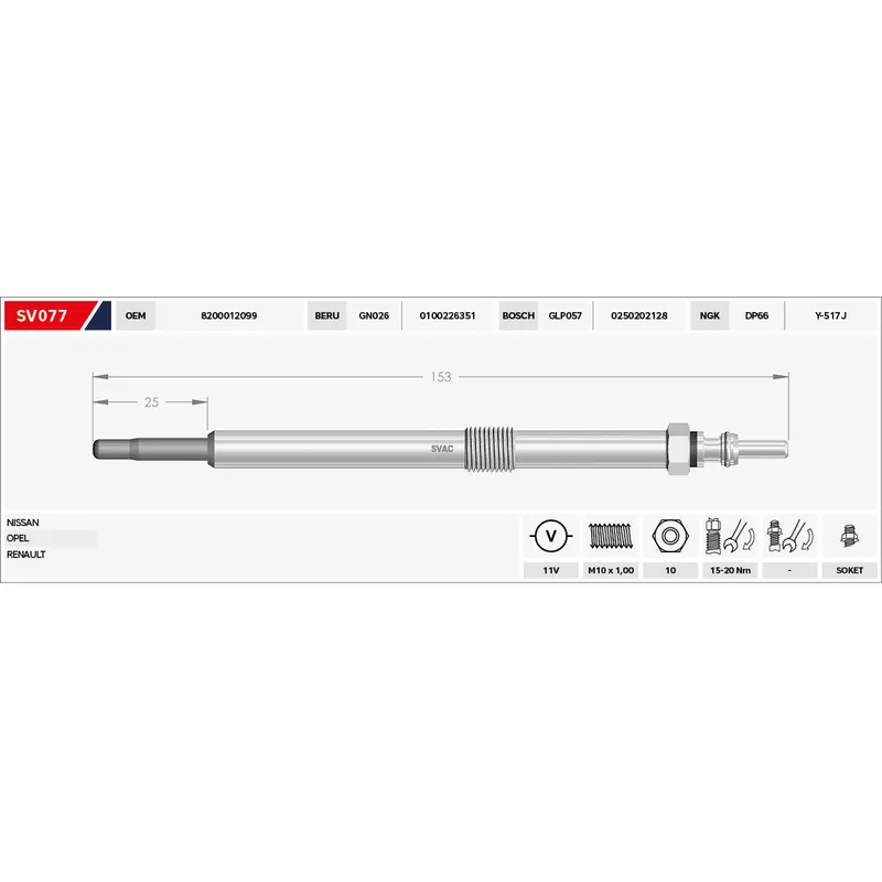 KIZDIRMA BUJİSİ (ISITMA) MASTER / TRAFFIC 2.2 - 2.5 DCI / OPEL MOVANO 2.2 DCI 11V.